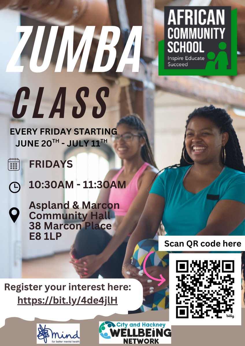 ✨ Free Morning Zumba Classes

📅 Class: Friday 20th June - July 11th
⏰ Time: 10:30 AM – 11:30 AM
📍 Location: Aspland &amp; Marcon Estate Community Hall, E8 1LP
📍 Sign up here: bit.ly/3GTHNIQ

📞 Register your interest with us!
Text or call us at: 07484 356 541