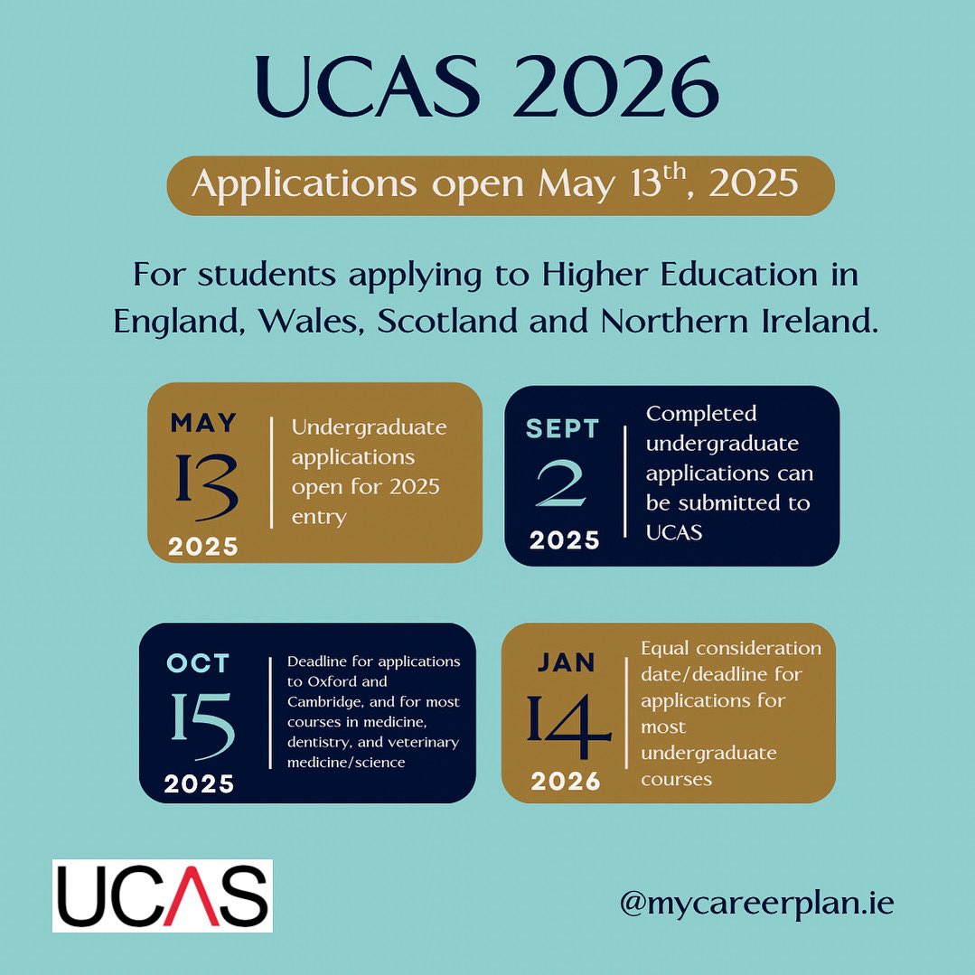 Are you in 5th year and considering applying for university in the UK? UCAS Applications for 2026 open today. Here are some important dates and deadlines. Lots of time to make decisions but never too early to start your research. See - ucas.com
<a href="/ucas_online/">UCAS</a>