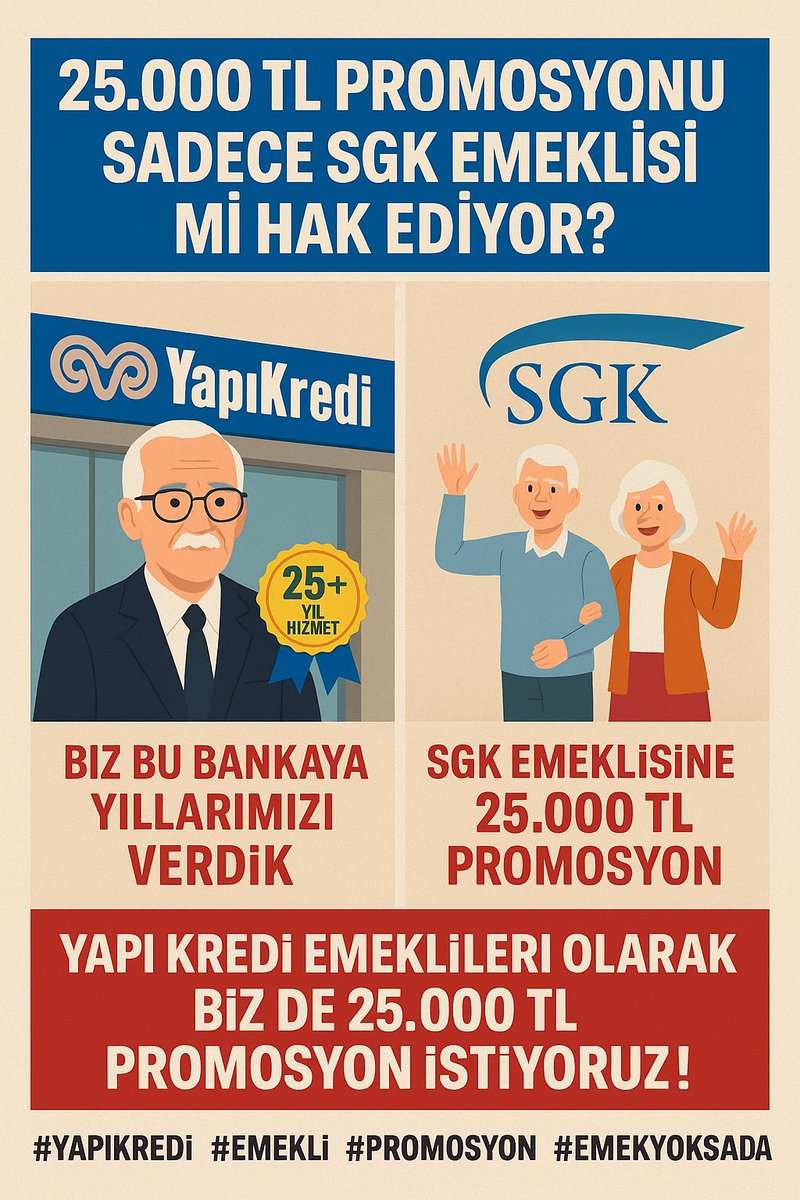 YKB Emeklileri Topluluğu (@ykbemekliler) on Twitter photo Emeklilere verilen 25.000 TL promosyonu takdirle karşılıyoruz. Ancak Yapı Kredi’ye yıllarca hizmet etmiş kendi emeklileri neden bu haktan yararlanamıyor? Başka bankaya maaşını taşıyamayan bizler de bu hakkı talep ediyoruz!
<a href="/YapiKredi/">Yapı Kredi</a> <a href="/kocholding/">Koç Holding</a>
<a href="/paramedya/">ParaMedya</a> Emeklilere verilen 25.000 TL promosyonu takdirle karşılıyoruz. Ancak Yapı Kredi’ye yıllarca hizmet etmiş kendi emeklileri neden bu haktan yararlanamıyor? Başka bankaya maaşını taşıyamayan bizler de bu hakkı talep ediyoruz!
<a href="/YapiKredi/">Yapı Kredi</a> <a href="/kocholding/">Koç Holding</a>
<a href="/paramedya/">ParaMedya</a>