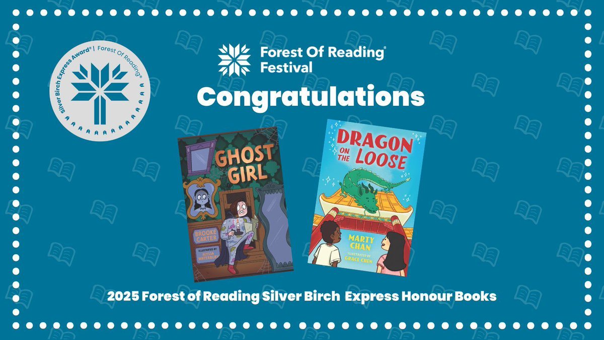 ForestofReading's tweet image. The Silver Birch Express honour books go to Ghost Girl written by Brooke Carter and illustrated by Alyssa Waterbury and Dragon on the Loose, written by Marty Chan and illustrated by Grace Chen! Congrats @thebrookecarter @Marty_Chan