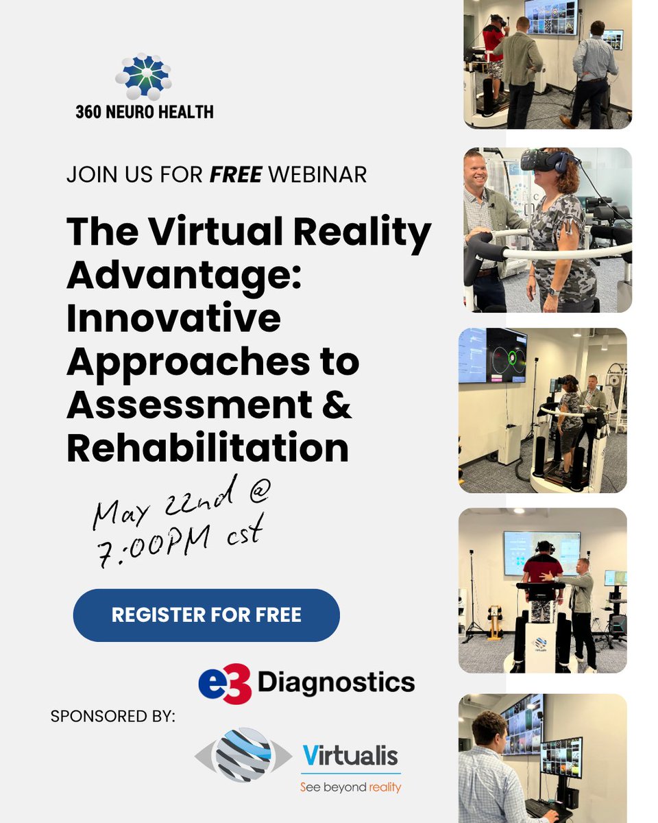 360NeuroHealth's tweet photo. Join us for free webinar: The Virtual Reality Advantage: Innovative Approaches to Assessment &amp; Rehabilitation on ~ 5/22 at 7pm CST✨ 

💻Host: Bridgett Wallace, PT, DPT ~ Speaker: Mike Strakal, PT, MBA, CAE, CMPE

👉Register for free here: https://t.co/DLOjCAJSGq https://t.co/Bd1JJwYmI7