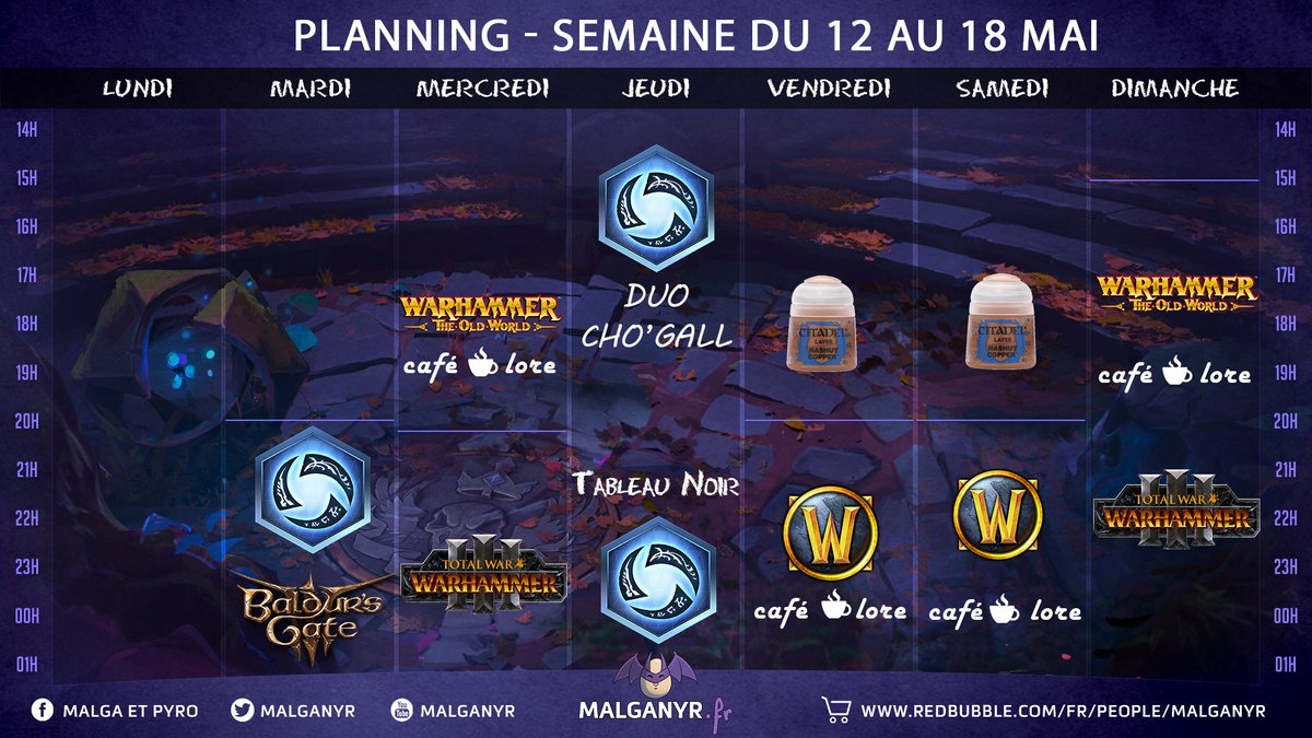 Voici le planning de la semaine
Semaine lore #Warcraft avec <a href="/Evanessor/">Evanessor ⚓</a>  &amp; #Warhammer avec Gilgak
Mais aussi la duo Cho'Gall avec <a href="/Eowea_/">Eowea</a> 
Bonne semaine à tous ♥