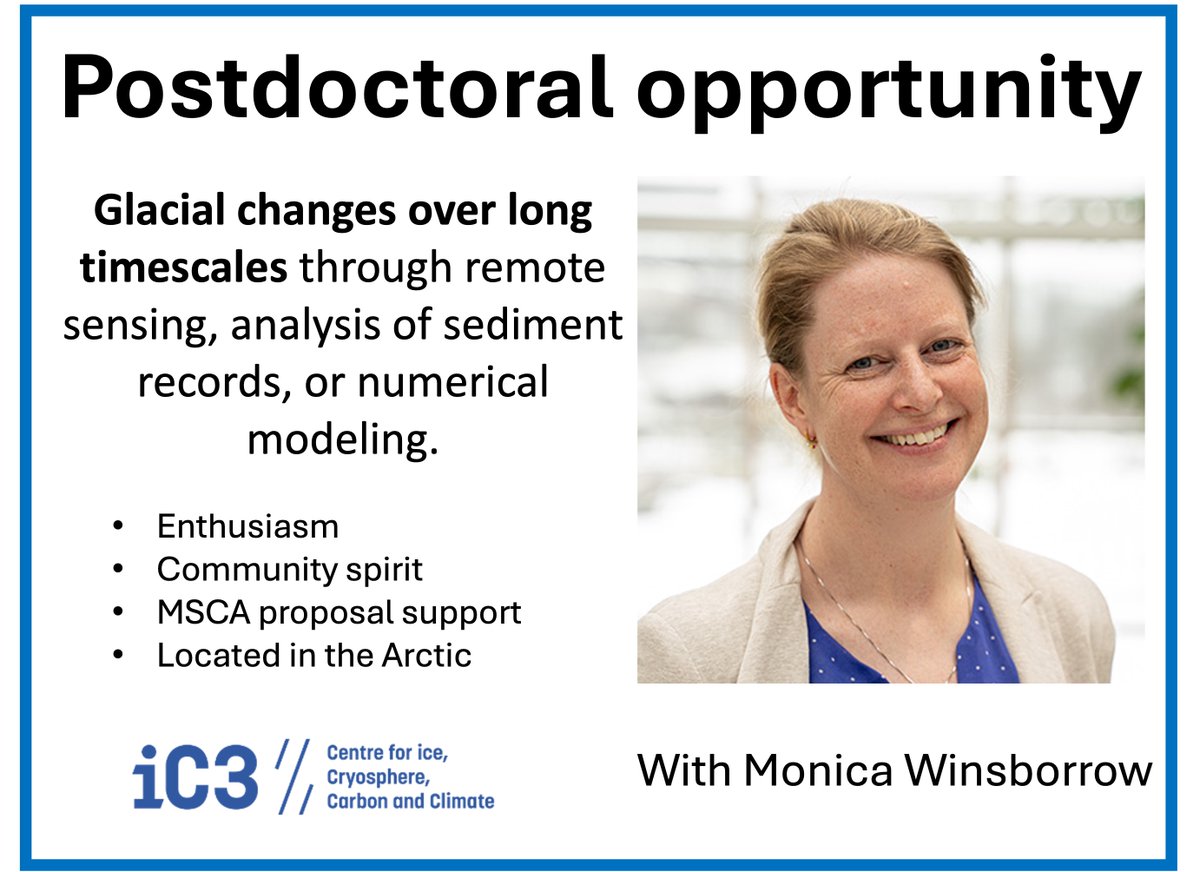 📣POSTDOC OPPORTUNITY📣: Ancient and future ice sheets

❗️Monica Winsborrow is looking for a postdoctoral fellow interested in joining her team to explore glacial changes over long timescales.

👉Read more: ic3.uit.no/news/glaciolog…