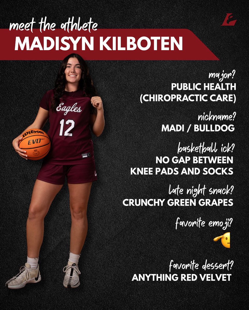 🦅 Meet the Athlete: Madisyn Kilboten 🦅

Repping #12 on the court, Madi (aka “Bulldog”) is a driven Public Health major with a focus in Chiropractic Care. From dominating in the paint to breaking down anatomy in the classroom, she’s all in for the Eagles 💪

#Asaneagle