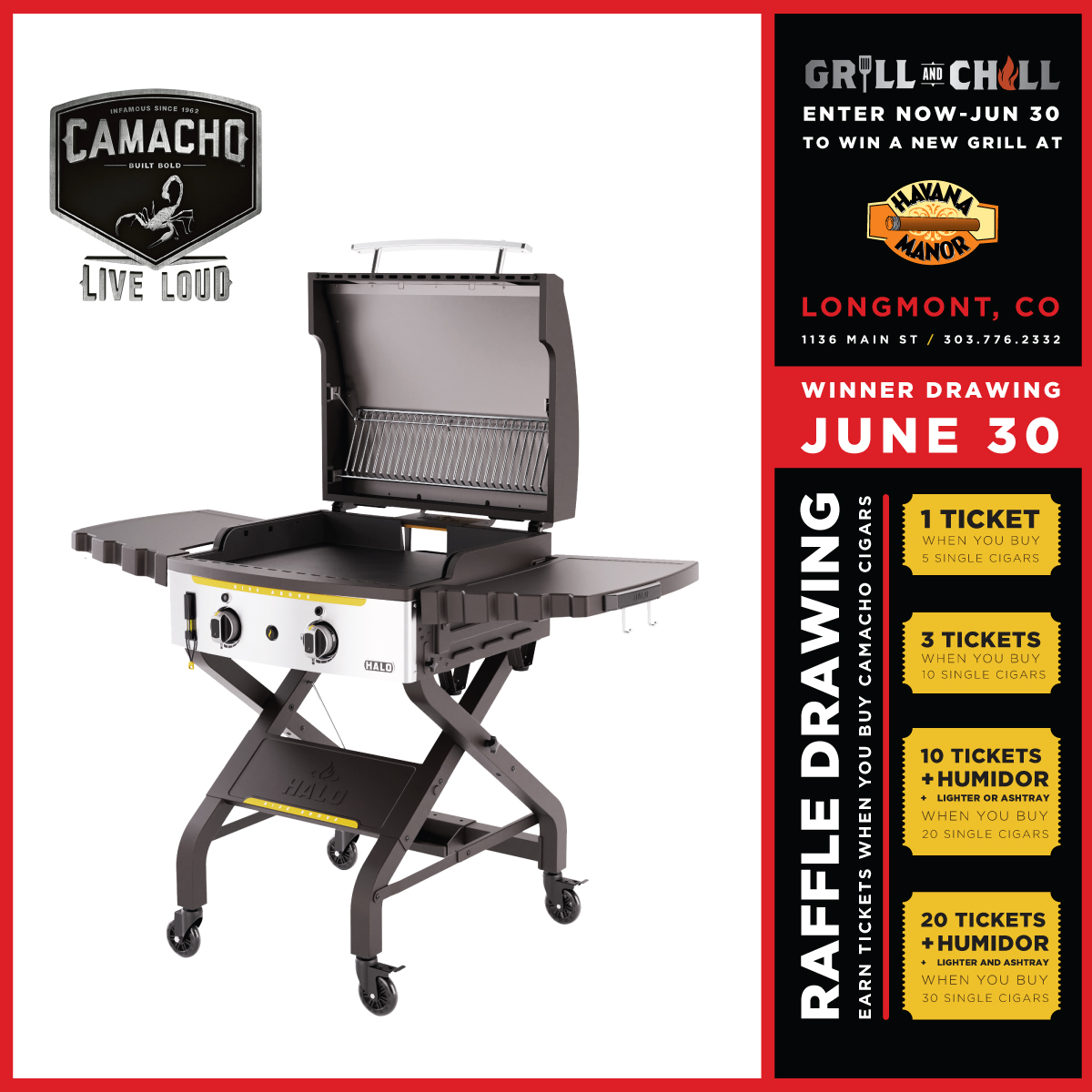 CAMACHO GRILL &amp; CHILL PROMOTION

Now through June 30th at Havana Manor Longmont
