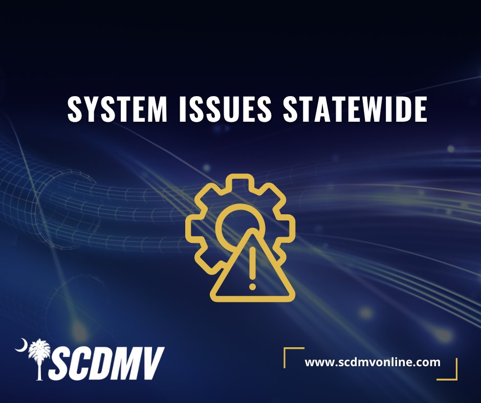 The SCDMV is having issues with its statewide computer system on Tuesday. The system has been restarted and is operating at this time. 

We continue to troubleshoot the system issue, which is causing slower performance. We apologize for any delay in services.