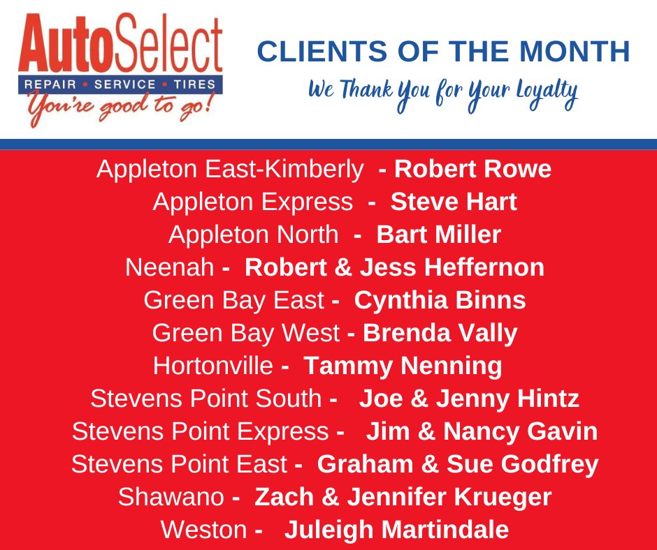See our Clients of the Month for May at Auto Select. We appreciate your loyalty!