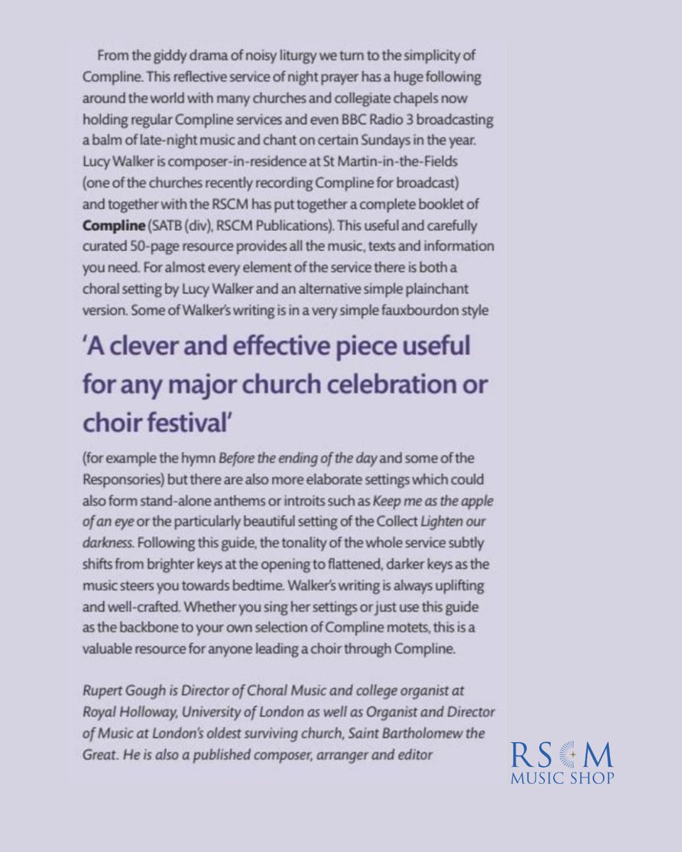 Thank you <a href="/RupertGough/">Rupert Gough</a> <a href="/ChoirandOrgan/">Choir & Organ</a> for this lovely review of <a href="/lucywalkermusic/">Lucy Walker</a>'s Compline, a co-production between <a href="/smitf_london/">St Martin-in-the-Fields</a>, where Lucy is Composer-in-Residence, and the Royal School of Church Music

Find out more rscmshop.com/books/97808540…