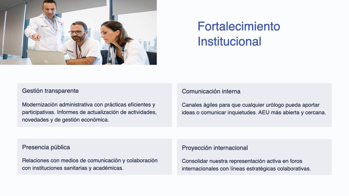 El plan estratégico de una Asociación define su visión a 4 años. Estos son los puntos más importantes que definen mi candidatura. El fortalecimiento institucional fundamental. <a href="/InfoAeu/">AEU</a> <a href="/ResidentesAEU/">RAEU - Spanish Urology Residents Working Group</a>