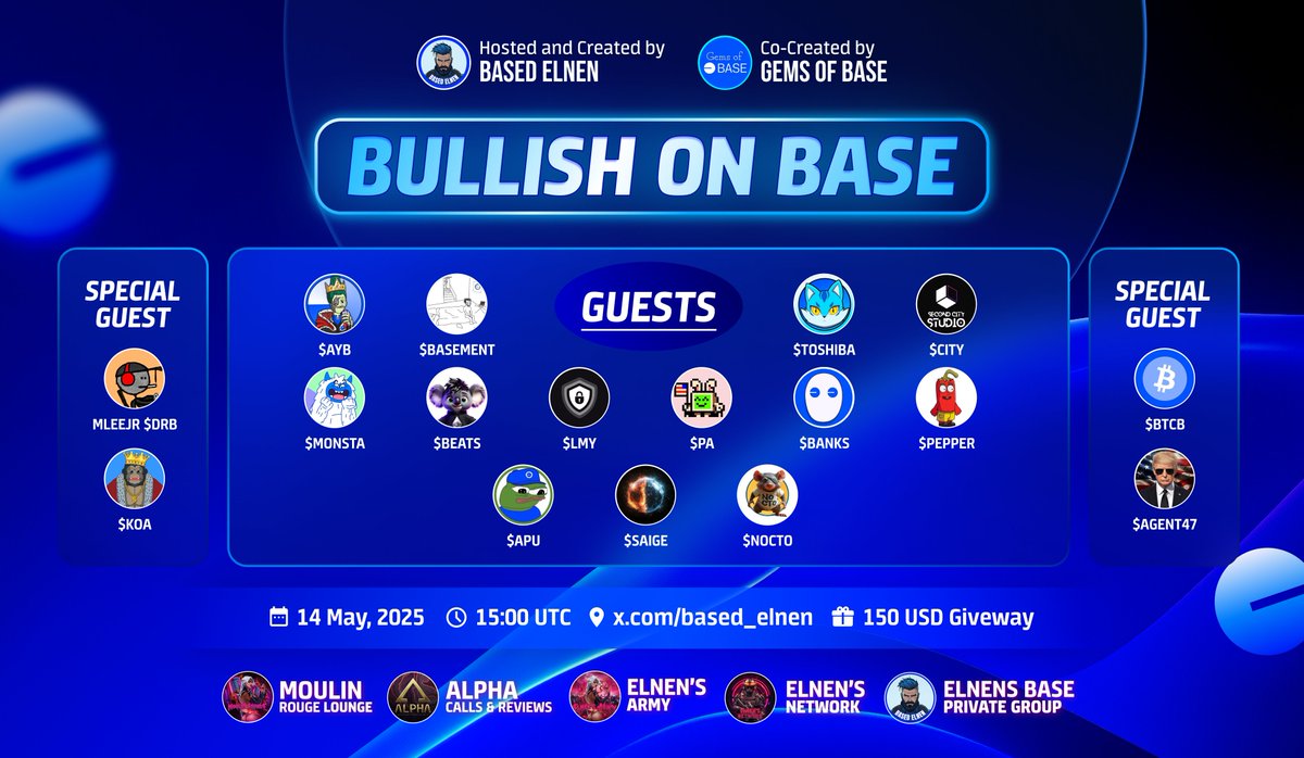 Based Elnen (@based_elnen) on Twitter photo 🎙BULLISH ON BASE 📈
🔹WEDNESDAY 14.5. 15:00 UTC ⌛️
💵GIVEAWAY -> 150 USD
🧾RULES ⤵️
1️⃣LIKE & RETWEET.
2️⃣TAG 2 FRIENDS.
3️⃣FOLLOW <a href="/based_elnen/">Based Elnen</a>
4️⃣JOIN SPACES👉x.com/i/spaces/1nAKE…
Special Guests🏆
<a href="/MLeeJr/">mleejr</a> $DRB
<a href="/BTC_On_Base/">Bitcoin on Base</a> $BTCB
<a href="/KingOfApesBase/">King Of Apes</a> $KOA
<a href="/Agent_47_Trump/">Agent 47</a> $AGENT47 🎙BULLISH ON BASE 📈
🔹WEDNESDAY 14.5. 15:00 UTC ⌛️
💵GIVEAWAY -> 150 USD
🧾RULES ⤵️
1️⃣LIKE & RETWEET.
2️⃣TAG 2 FRIENDS.
3️⃣FOLLOW <a href="/based_elnen/">Based Elnen</a>
4️⃣JOIN SPACES👉x.com/i/spaces/1nAKE…
Special Guests🏆
<a href="/MLeeJr/">mleejr</a> $DRB
<a href="/BTC_On_Base/">Bitcoin on Base</a> $BTCB
<a href="/KingOfApesBase/">King Of Apes</a> $KOA
<a href="/Agent_47_Trump/">Agent 47</a> $AGENT47