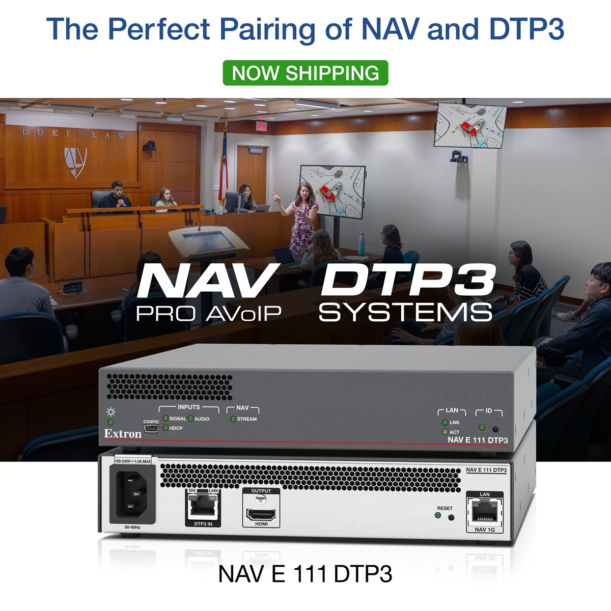 Extron's tweet image. NAV and DTP3 - An Ideal Combination!

Now shipping, the NAV E 111 DTP3 is a 1G Pro AV over IP encoder that unites our award-winning NAV and DTP3 technologies. The NAV E 111 DTP3 receives video, audio, and control signals from DTP3/DTP matrix switchers or transmitters over twisted…