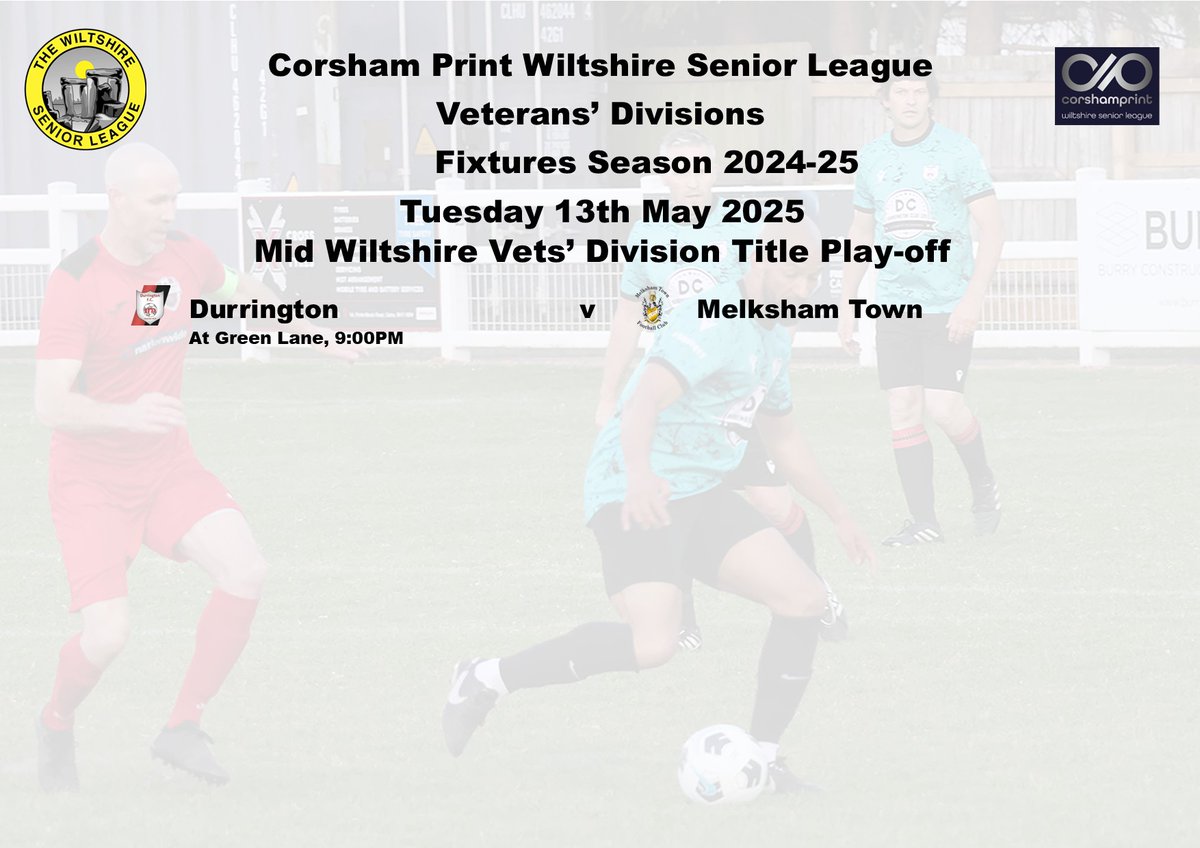 Wiltshire Senior League (@wiltsleague) on Twitter photo Gamenight: Another big game to end the season in the <a href="/corshamprint/">Corsham Print</a> WSL as tonight sees the play-off for the Mid Wiltshire Veterans' Divisio league title between <a href="/Durringtonfcsat/">Durrington FC Saturday</a> and <a href="/MELKSHAMTOWNFC/">Melksham Town FC</a> at Green Lane, Devizes. Kick-off is 9:00PM. <a href="/swsportsnews/">South West Sports News</a> <a href="/YSswindon/">Your Sport Swindon</a> Gamenight: Another big game to end the season in the <a href="/corshamprint/">Corsham Print</a> WSL as tonight sees the play-off for the Mid Wiltshire Veterans' Divisio league title between <a href="/Durringtonfcsat/">Durrington FC Saturday</a> and <a href="/MELKSHAMTOWNFC/">Melksham Town FC</a> at Green Lane, Devizes. Kick-off is 9:00PM. <a href="/swsportsnews/">South West Sports News</a> <a href="/YSswindon/">Your Sport Swindon</a>
