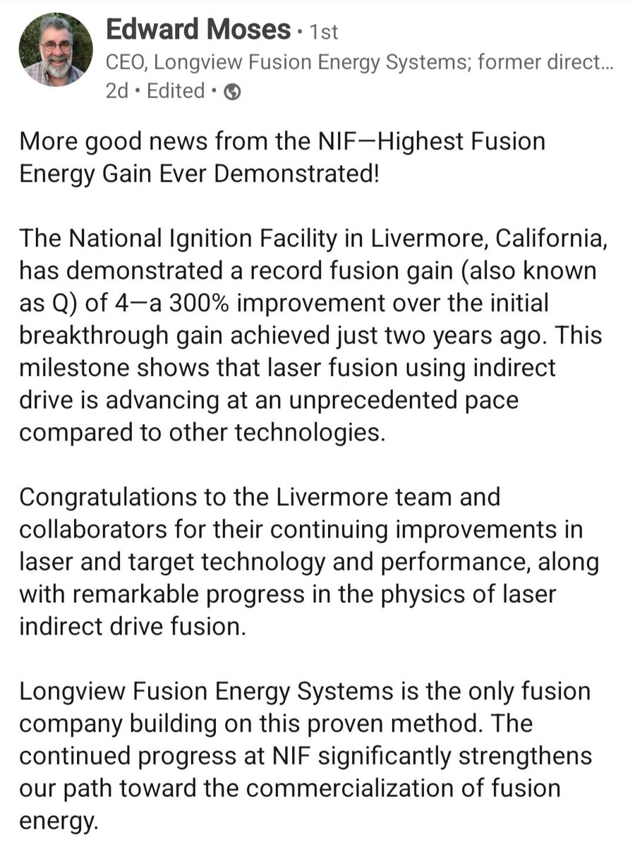 Some big fusion news for you! The National Ignition Facility (NIF) has hit Q = 4.

I haven't seen this announced anywhere else yet, but Dr. Moses used to run the place, so I expect he knows what he's talking about.