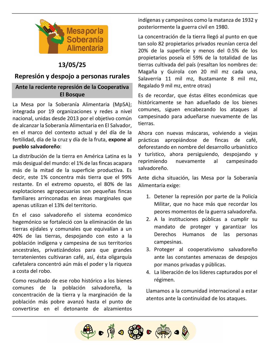 arpassv's tweet photo. #Represión| La @MSobAlimentaria exige al gobierno de @nayibbukele que cese la represión contra habitantes de la Cooperativa El Bosque y que las instituciones garanticen los derechos humanos del campesinado. https://t.co/vdAxpsG9aV
