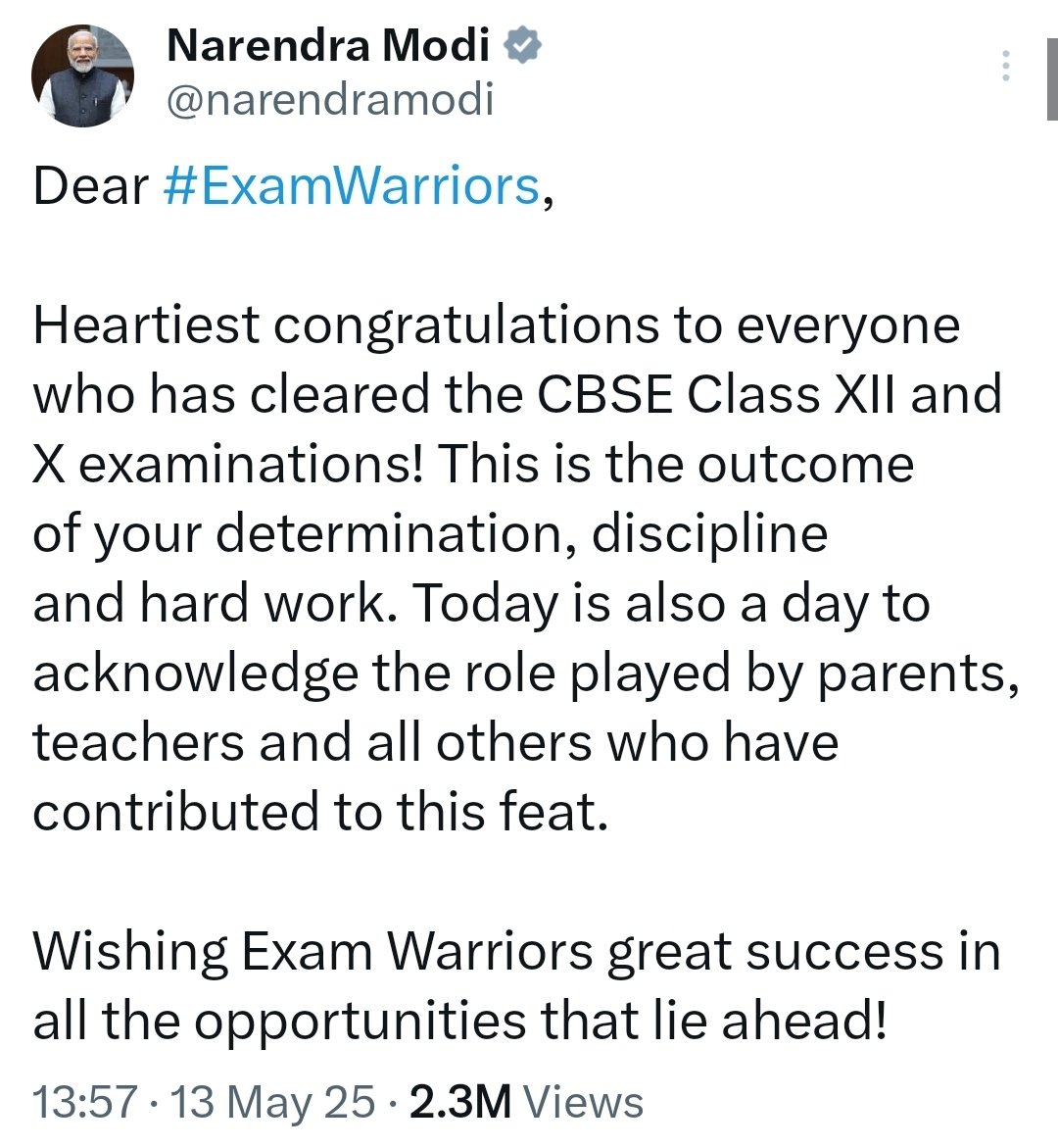 #CBSE क्लास 10वीं और 12 वीं के परीक्षा में उत्तीर्ण छात्र छात्राओं को प्रधानमंत्री नरेंद्र मोदी ने दी बधाई।