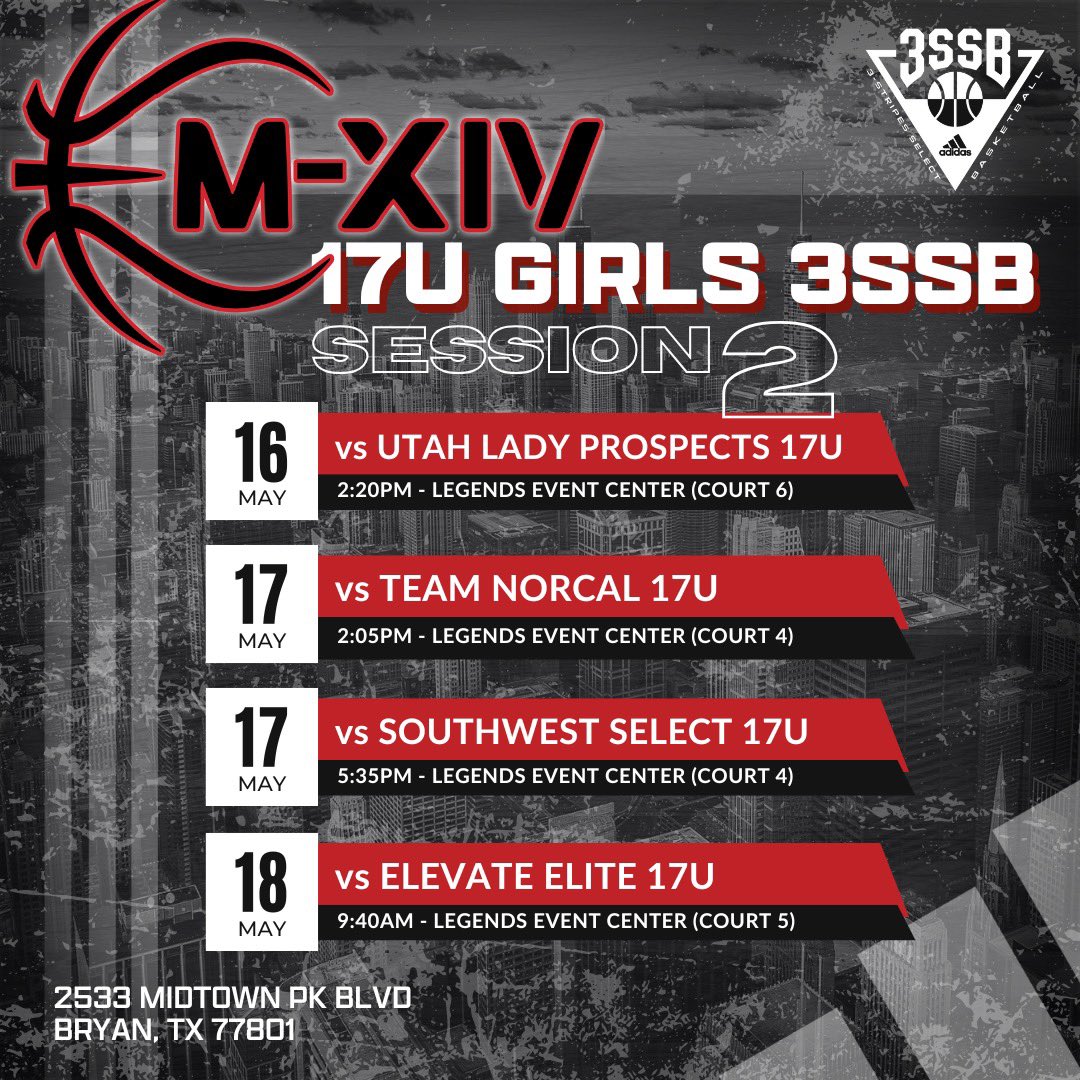 Team M-XIV Girls (@m14hoops_girls) on Twitter photo 🔥🔥 Schedule 🔥🔥
✅ 17U 3SSB
📸 Adidas 3SSB Session 2
🗓 May 16 - 18
✈️ Bryan, TX
#Repthe14
<a href="/3SSBGCircuit/">3Stripes Select Basketball Girls Circuit</a>
<a href="/PGHByron/">Byron Xerxes Livsey</a>
<a href="/JrAllStarBB/">Jr. All-Star Girls Basketball</a>
<a href="/MMBR_CoachGBell/">Major Movez Basketball Review #MMBR</a>
<a href="/MHS_Girls_/">Midwest Hoops Spotlight</a> 🔥🔥 Schedule 🔥🔥
✅ 17U 3SSB
📸 Adidas 3SSB Session 2
🗓 May 16 - 18
✈️ Bryan, TX
#Repthe14
<a href="/3SSBGCircuit/">3Stripes Select Basketball Girls Circuit</a>
<a href="/PGHByron/">Byron Xerxes Livsey</a>
<a href="/JrAllStarBB/">Jr. All-Star Girls Basketball</a>
<a href="/MMBR_CoachGBell/">Major Movez Basketball Review #MMBR</a>
<a href="/MHS_Girls_/">Midwest Hoops Spotlight</a>