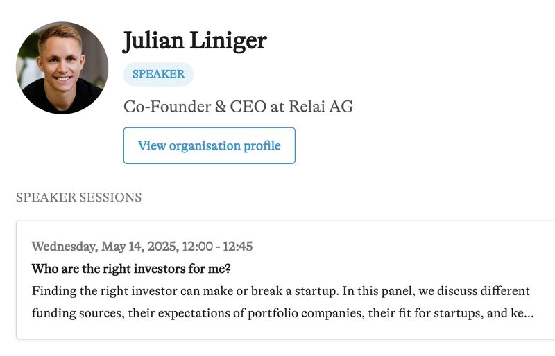Julian Liniger (@julian_liniger) on Twitter photo I'll attend the <a href="/startupdays_ch/">startupdays</a> event in Bern tomorrow and talk about how to find the right investors! 🔥
See you at my session around noon, happy to meet fellow entrepreneurs before and after. 🙂 I'll attend the <a href="/startupdays_ch/">startupdays</a> event in Bern tomorrow and talk about how to find the right investors! 🔥
See you at my session around noon, happy to meet fellow entrepreneurs before and after. 🙂