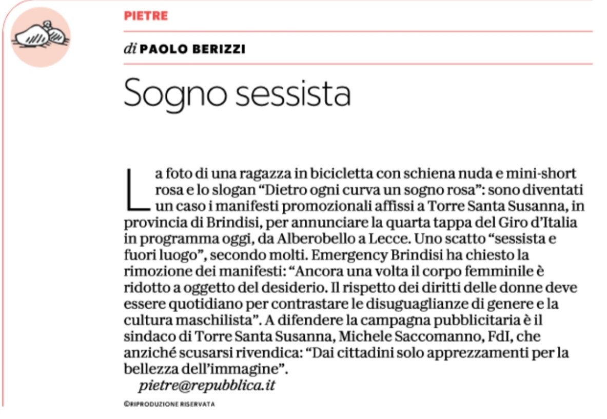 Paolo Berizzi (@pberizzi) on Twitter photo "Dietro ogni curva un sogno rosa". Il manifesto sessista per pubblicizzare il passaggio del Giro d'Italia. E il sindaco FdI lo difende: "Piace a tutti". Torre Santa Susanna, Brindisi, Italia 2025.
#Pietre
<a href="/repubblica/">Repubblica</a> "Dietro ogni curva un sogno rosa". Il manifesto sessista per pubblicizzare il passaggio del Giro d'Italia. E il sindaco FdI lo difende: "Piace a tutti". Torre Santa Susanna, Brindisi, Italia 2025.
#Pietre
<a href="/repubblica/">Repubblica</a>