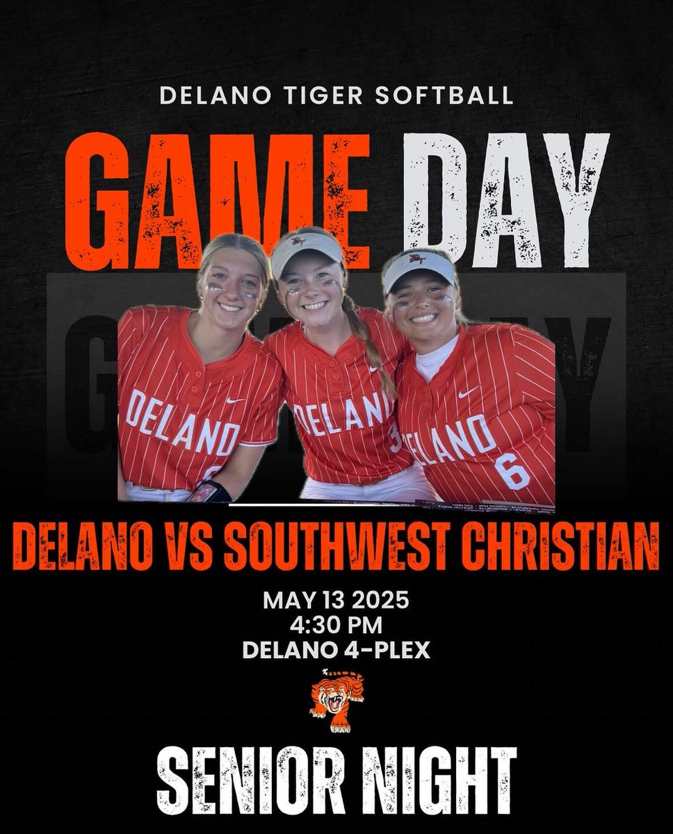 Game 2️⃣ this week. Come up to the 4-Plex at 4:30 PM to support our 3 seniors! 

🆚 Southwest Christian
⏰ 4:30 PM
📍Delano 4-Plex

#GoTigers #DelanoSoftball