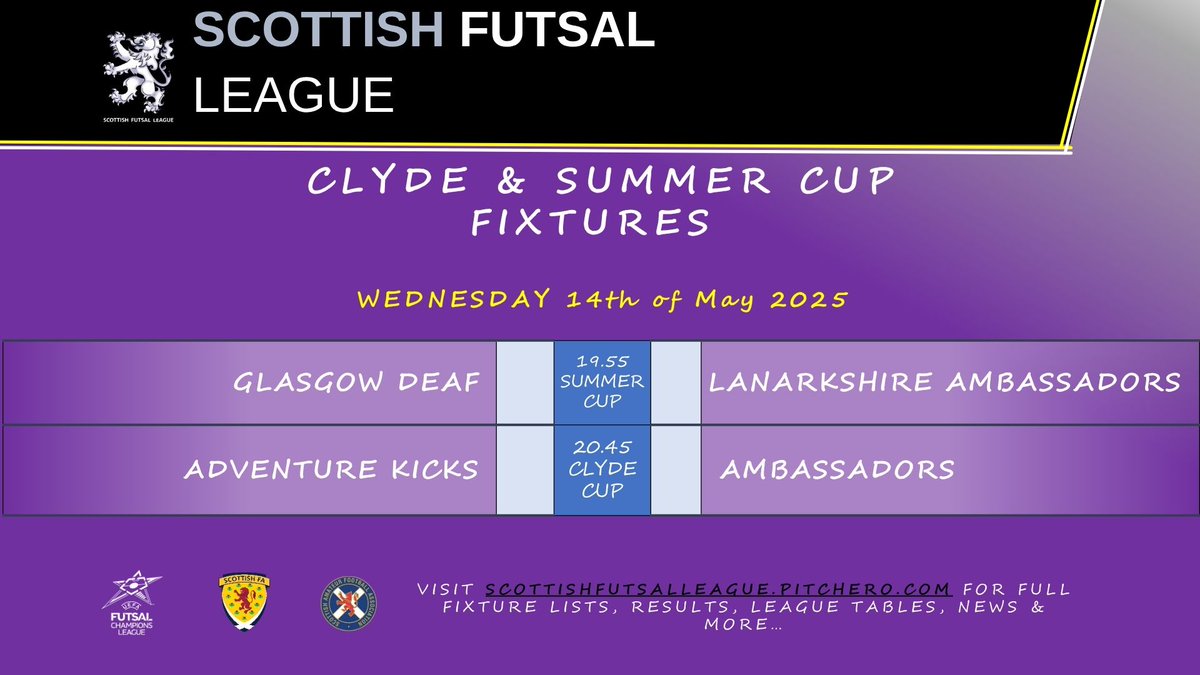 SFL Glasgow (@sflglasgow) on Twitter photo π₯ Midweek futsal action!
π Glasgow Deaf v <a href="/AmbassadorsFG/">Ambassadors Futsal Glasgow</a> (Summer Cup)
π Adventure Kicks v Ambassadors (Clyde Cup)
All at Hutchie tomorrow! Good luck to all teams πͺ
#SFLGlasgow #ClydeCup #SummerCup #FutsalGlasgow π₯ Midweek futsal action!
π Glasgow Deaf v <a href="/AmbassadorsFG/">Ambassadors Futsal Glasgow</a> (Summer Cup)
π Adventure Kicks v Ambassadors (Clyde Cup)
All at Hutchie tomorrow! Good luck to all teams πͺ
#SFLGlasgow #ClydeCup #SummerCup #FutsalGlasgow
