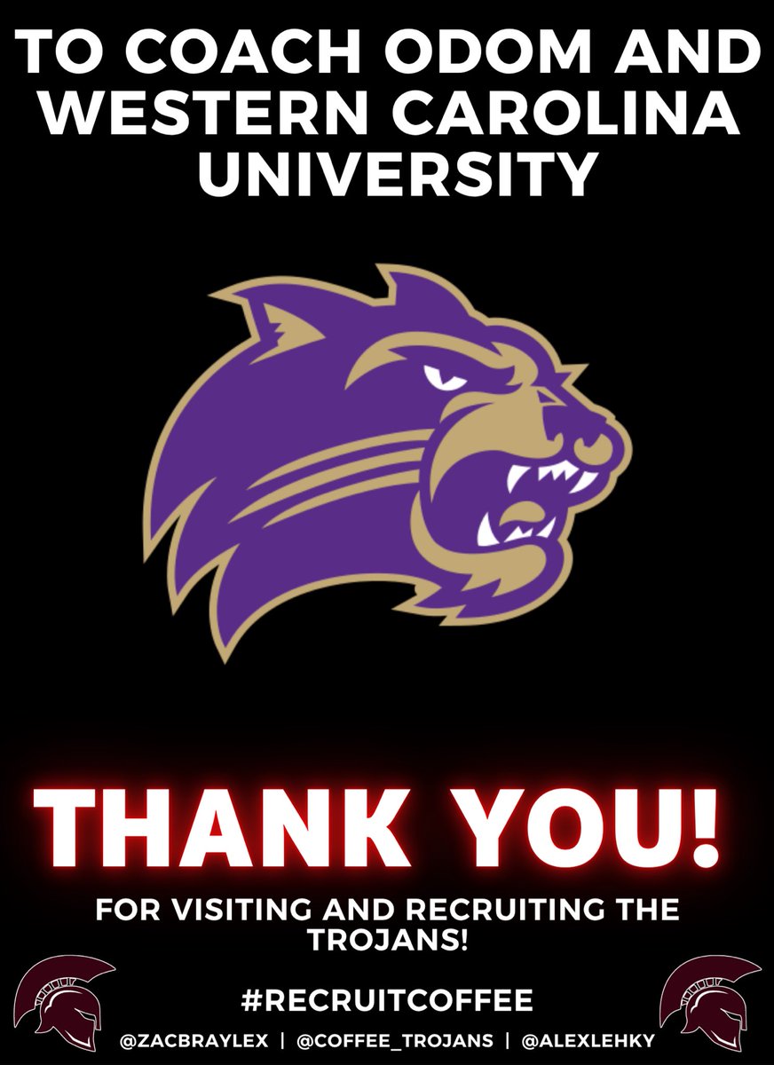 Alex Lehky (@alexlehky) on Twitter photo On behalf of the <a href="/coffee_trojans/">Coffee Trojans FB</a> and Coach Coe <a href="/ZacBrayLex/">Coach Coe</a>, thank you to <a href="/WCUCoachO/">Jerry Odom</a> and <a href="/CatamountsFB/">Western Carolina Football</a> for visiting and recruiting our Trojans!
#RecruitCoffee
coffeetrojans.com/player-cards On behalf of the <a href="/coffee_trojans/">Coffee Trojans FB</a> and Coach Coe <a href="/ZacBrayLex/">Coach Coe</a>, thank you to <a href="/WCUCoachO/">Jerry Odom</a> and <a href="/CatamountsFB/">Western Carolina Football</a> for visiting and recruiting our Trojans!
#RecruitCoffee
coffeetrojans.com/player-cards