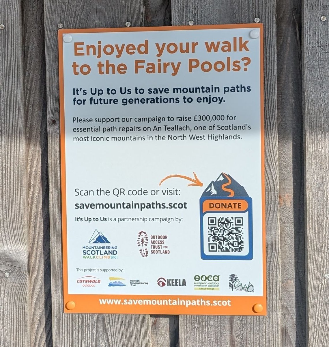 Our new #ItsUptoUs Campaign sign at the #FairyPools Car Park on #Skye. Do you love being in the #Scottishmountains? Do you use upland paths for access? Please think about giving something back by donating to mountain path maintenance projects.  A few pounds make a big impact!