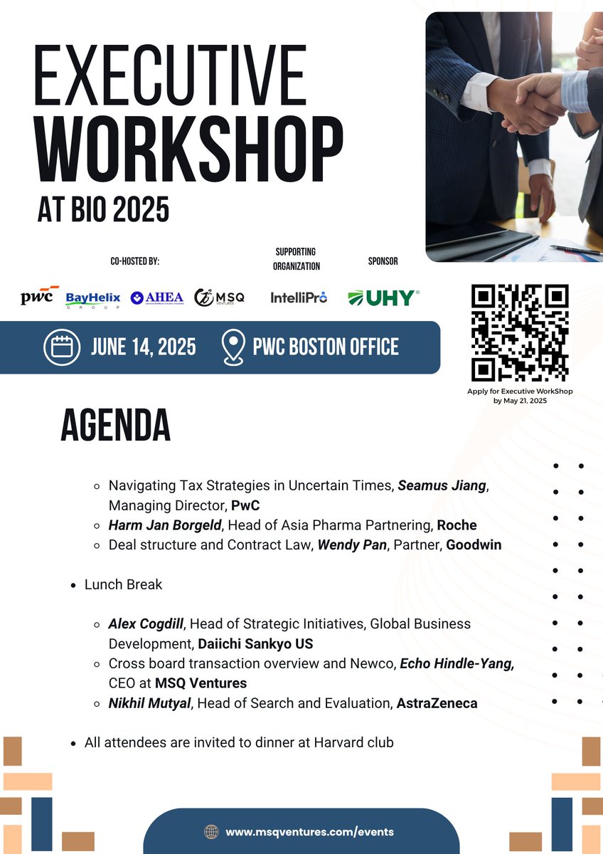 Invitation-Only Workshop at #BIO2025 
Join senior biopharma execs at PwC Boston on June 14 for expert insights on cross-border deals, MNC strategy, and global tax structuring.

 Apply to attend: 

#GlobalDeals #CrossBorderM #LifeSciencesLeadership #MSQ #BayHelix #PwC #AHEA #UHY