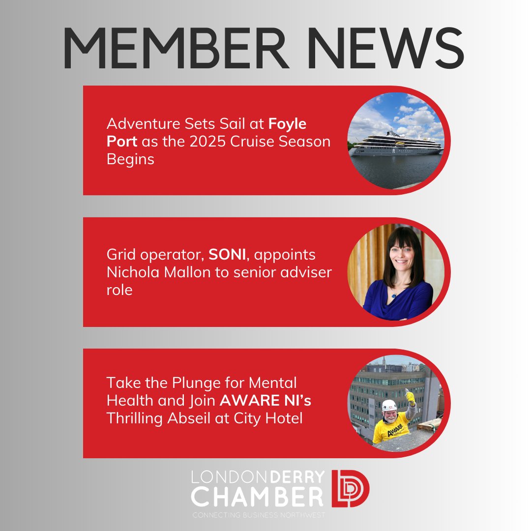 📢Member News📢

Adventure sets sail at <a href="/FoylePort/">Foyle Port</a>  as the 2025 cruise season begins

Grid Operator SONI appoints Nichola Mallon to senior adviser role

Take the plunge for mental health and join <a href="/AWARENI/">AWARE</a> 's thrilling abseil at City Hotel

Read more here: lnkd.in/ecp9Gk7F