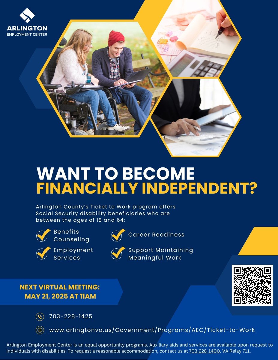VIRTUAL Ticket to Work Info Session Wed 5/21/25, 11-11:45 AM. Discover how this program can help you achieve financial independence with support for meaningful employment. Open to all- see image for more Register here: [Zoom] buff.ly/RLsuKZR #arlingtonva <a href="/workcouncil/">Alexandria/Arlington Regional Workforce Council</a>