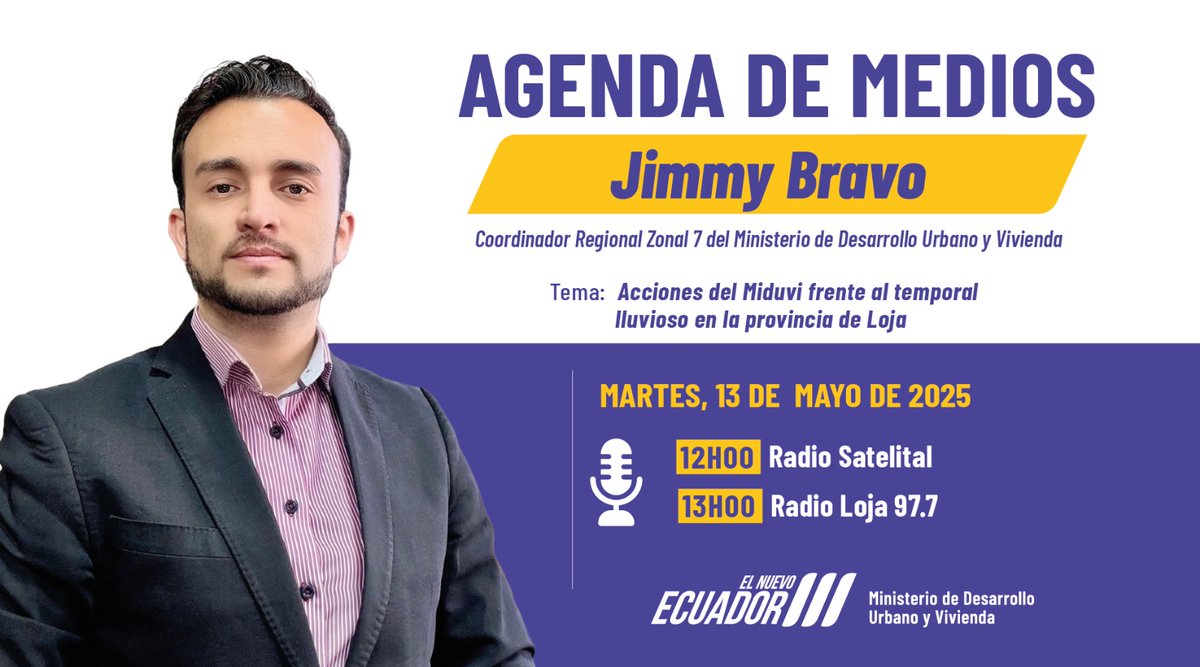 ViviendaEc's tweet photo. #MiduviEnMedios 🎙️ | ¡Conoce más sobre nuestra gestión! 🇪🇨

Sigue las entrevistas que nuestro Coordinador General #Zonal7 mantendrá en @satelitalfmloja y @radioloja .

🏡 Tema: Acciones frente a emergencias

#ElNuevoEcuadorResuelve https://t.co/cqXkyVQGbD