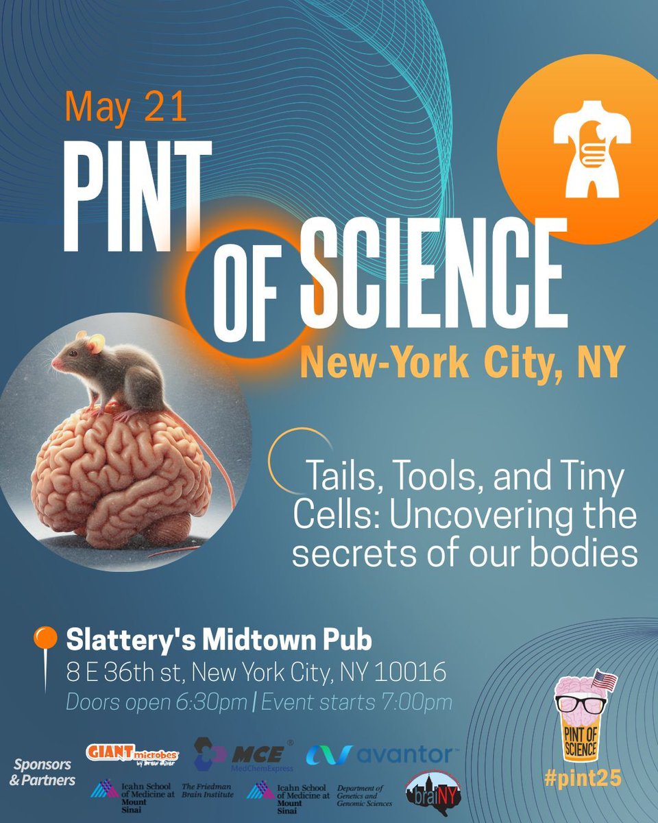 Less than 1 week to go for Pint of Science 2025! Monday is sold out, but make sure to grab your tickets for Tuesday and Wednesday (featuring the amazing <a href="/ItaiYanai/">Itai Yanai</a>). Tickets (2$) here: 👉pintofscience.us/events/nyc  #Pint25 <a href="/pintofscienceUS/">Pint of Science US</a> #SciComm