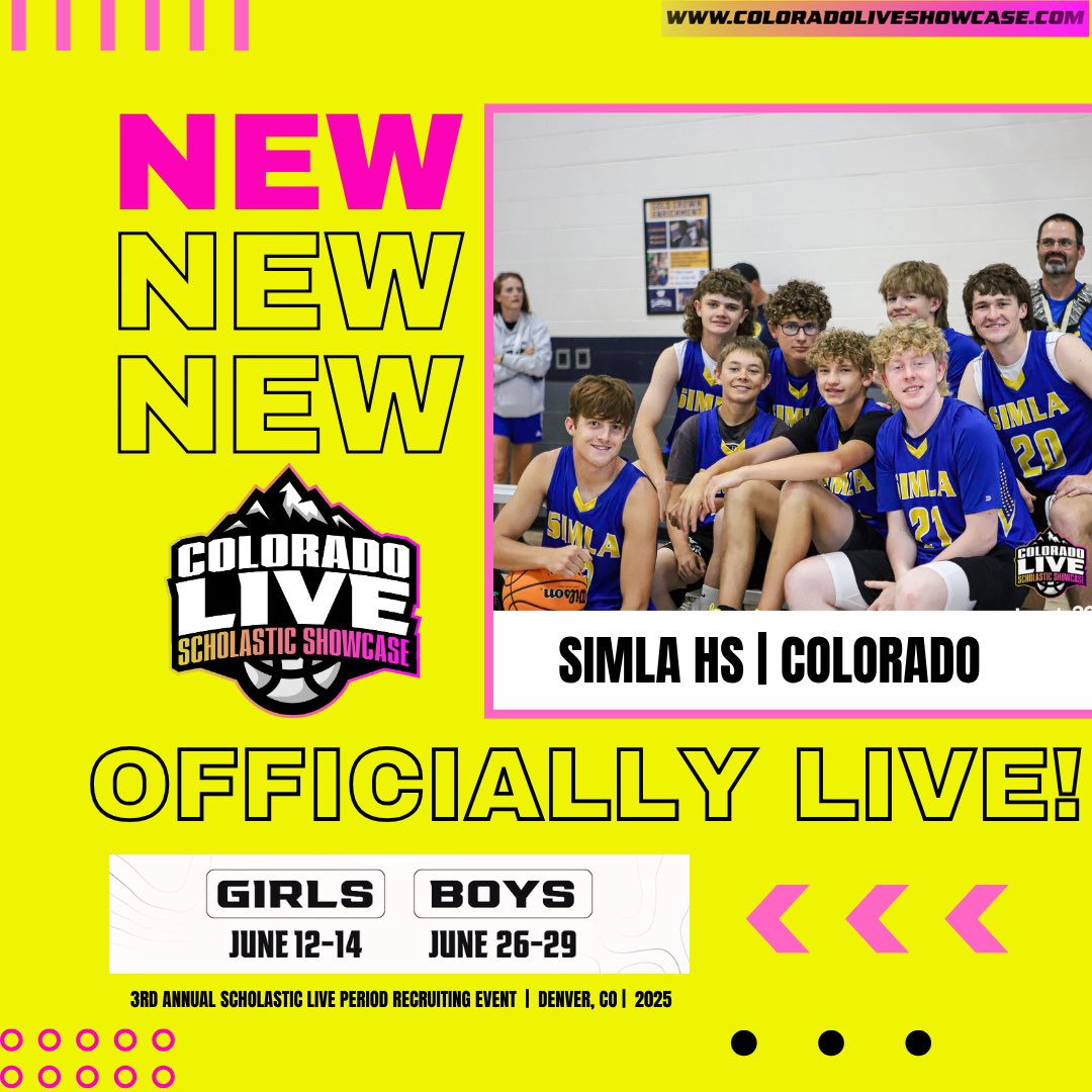 COLORADO LIVE Scholastic Showcase (@coloradolive_ss) on Twitter photo 🚨OFFICIALLY LIVE‼️🏀🏔️
Welcome back to Colorado Live Showcase!! Simla HS BB| <a href="/WeAreSimla/">WeAreSimla</a> 🔥🔥
Glad to have you competing on Rocky Mountains Big Stage!!
📍 Denver, CO
📆 June 26-29
⏳ Open Registration until Friday May 23‼️
💻 ColoradoLiveShowcase.com ⬅️ ✅
Don’t miss out! 🚨OFFICIALLY LIVE‼️🏀🏔️
Welcome back to Colorado Live Showcase!! Simla HS BB| <a href="/WeAreSimla/">WeAreSimla</a> 🔥🔥
Glad to have you competing on Rocky Mountains Big Stage!!
📍 Denver, CO
📆 June 26-29
⏳ Open Registration until Friday May 23‼️
💻 ColoradoLiveShowcase.com ⬅️ ✅
Don’t miss out!