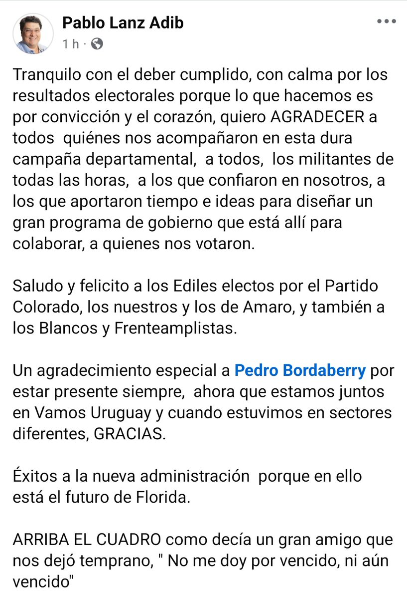 "No me doy por vencido, ni aún vencido", expresó <a href="/lanzadib/">Pablo Lanz Adib</a>.
El candidato a intendente del Partido Colorado de manifestó en redes sociales tras las elecciones departamentales del domingo.