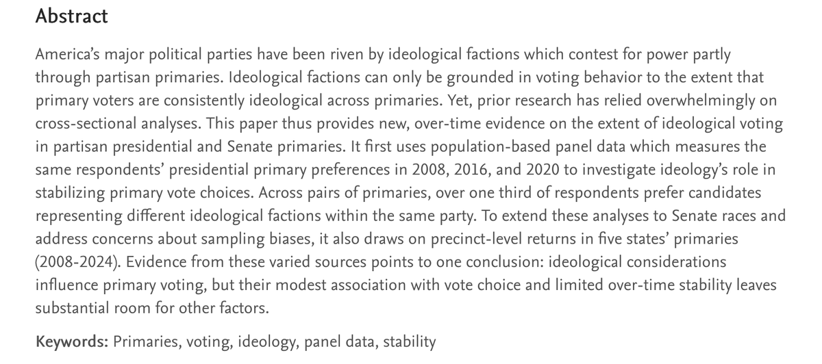 Dan Hopkins (@dhopkins1776) on Twitter photo As the Cornyn-Paxton TX primary heats up, it's a good time to report that my paper with Gall O. Sigler, "Not of Primary Concern: Assessing Ideological Voting over Time in U.S. Primaries, 2008-2024" has been accepted by <a href="/PolBehavior/">Political Behavior</a>.
Here's a 🧵... 1/n As the Cornyn-Paxton TX primary heats up, it's a good time to report that my paper with Gall O. Sigler, "Not of Primary Concern: Assessing Ideological Voting over Time in U.S. Primaries, 2008-2024" has been accepted by <a href="/PolBehavior/">Political Behavior</a>.
Here's a 🧵... 1/n
