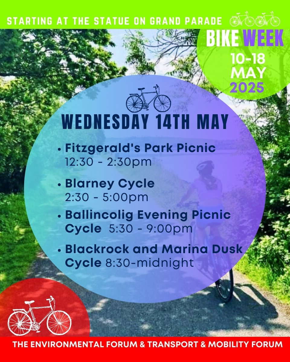 TheEnvironForum (@environforum) on Twitter photo 🚴‍♀️ The wheels keep turning for Cork BikeWeek!
Join the <a href="/EnvironForum/">TheEnvironForum</a> and <a href="/tmfcork/">The Transport and Mobility Forum</a> for more exciting events tomorrow, starting at Michael Collins statue on Grand Parade.
Free events and no booking required.
📍 Check the poster below for all the details!
#CorkBikeWeek 🚴‍♀️ The wheels keep turning for Cork BikeWeek!
Join the <a href="/EnvironForum/">TheEnvironForum</a> and <a href="/tmfcork/">The Transport and Mobility Forum</a> for more exciting events tomorrow, starting at Michael Collins statue on Grand Parade.
Free events and no booking required.
📍 Check the poster below for all the details!
#CorkBikeWeek