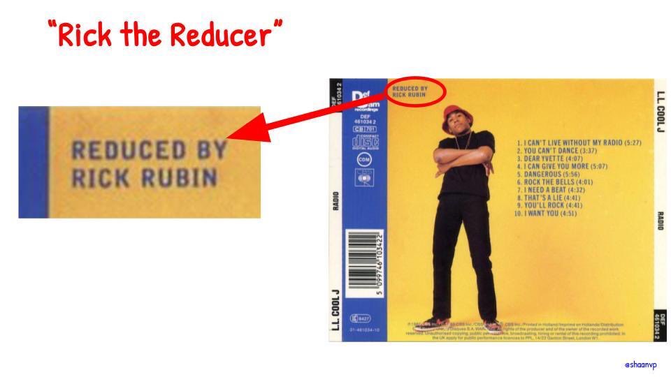 ShaanVP's tweet image. I love this so much. On Rick Rubin’s first album, instead of “Produced by rick rubin” he wrote “REDUCED by rick rubin” 

Rick The Reducer 

It’s always been a curious thing… why is Rick Rubin so successful? 

- Can you play instruments? “...barely” 
- Do you make beats? “no”
-…