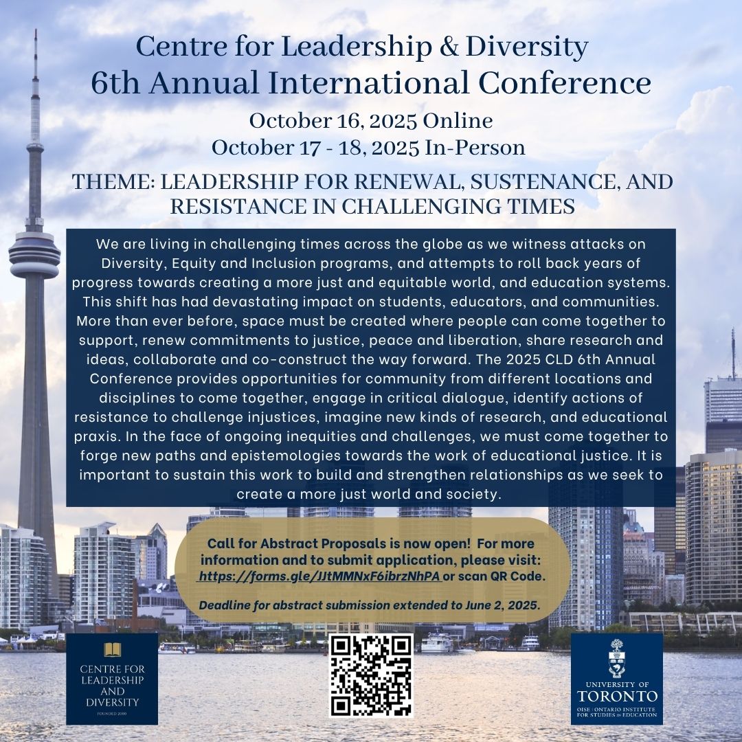 Have you submitted your proposals for the Centre for Leadership &amp; Diversity 6th Annual Int'l Conference Oct 16-18th, 2025 yet?! 🙌 Join us online or in-person at <a href="/OISEUofT/">OISEUofT</a> <a href="/LHAEUTOISE/">Leadership, Higher and Adult Education, UT/OISE</a> <a href="/DrAnnLopez/">Educator</a> 💫

🔗docs.google.com/forms/d/e/1FAI…

Deadline Extended: June 2, 2025!