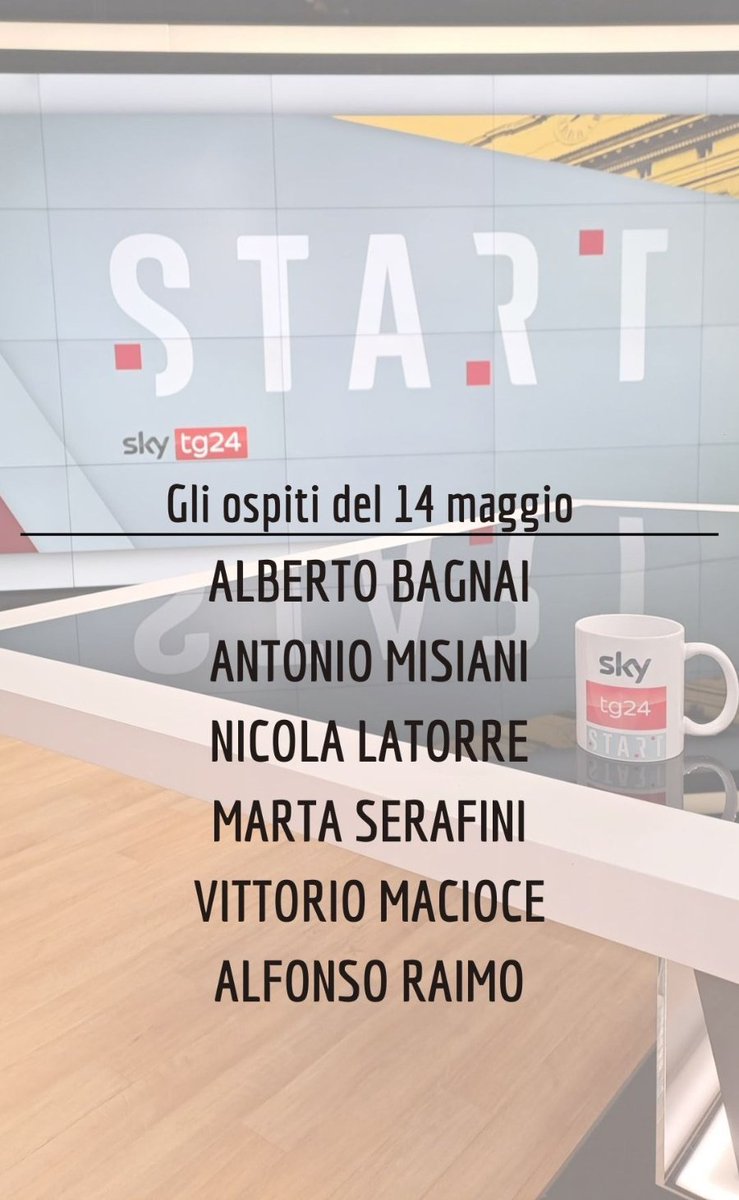 Vi aspetto domani con una nuova puntata di #Start insieme ai nostri ospiti <a href="/AlbertoBagnai/">Alberto Bagnai</a>, <a href="/antoniomisiani/">Antonio Misiani</a>, <a href="/Latorrenicola/">Nicola Latorre</a>, <a href="/martaserafini/">marta serafini</a>, <a href="/VittorioMacioce/">Vittorio Macioce</a> e <a href="/raimoal/">alfonso raimo</a>.
Come sempre dalle 9:30 su <a href="/SkyTG24/">Sky tg24</a>!