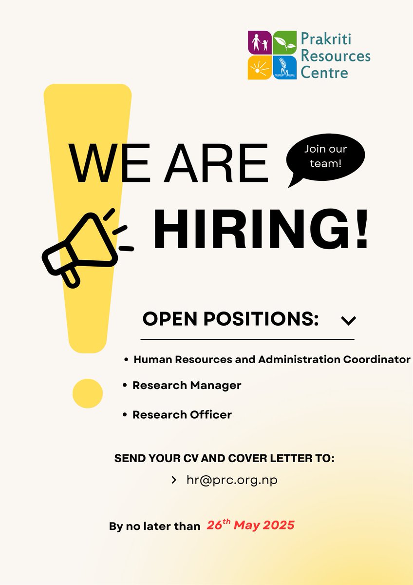 Prakriti Resources (@prcnepal) on Twitter photo Join us at <a href="/prcnepal/">Prakriti Resources Centre</a> if you are passionate about a professional career in climate change!
👉Human Resources and Administration Coordinator
👉Research Manager
👉Research Officer
For detailed description, please visit the link provided below 👇
🔗jobsnepal.com/various-positi… Join us at <a href="/prcnepal/">Prakriti Resources Centre</a> if you are passionate about a professional career in climate change!
👉Human Resources and Administration Coordinator
👉Research Manager
👉Research Officer
For detailed description, please visit the link provided below 👇
🔗jobsnepal.com/various-positi…