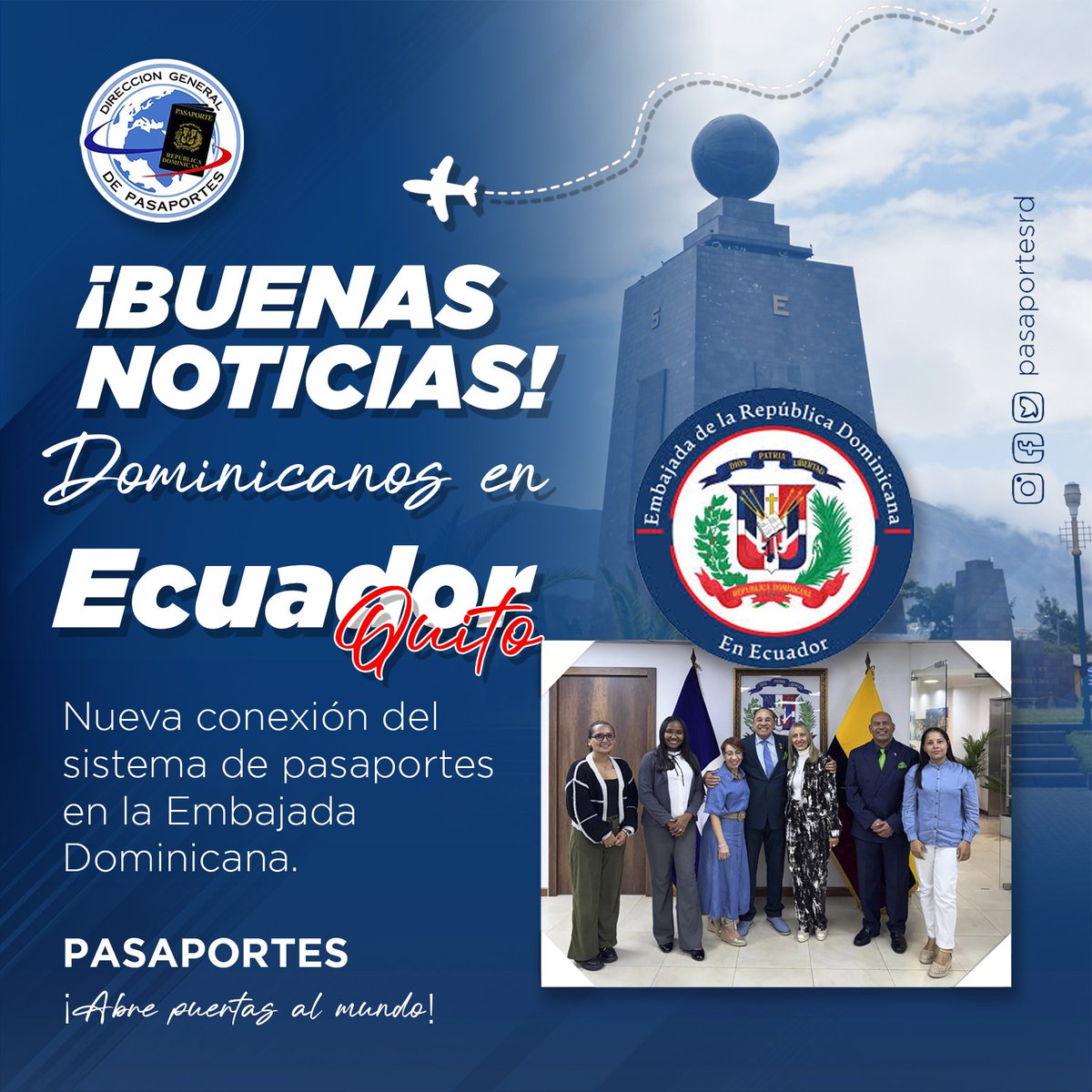 📣¡Expandiendo fronteras, alcanzando nuevos horizontes!

Ahora los dominicanos residentes en Ecuador podrán solicitar sus servicios en la Embajada de Quito. Un paso más hacia nuevos destinos, aventuras e historias. 

¡Acércate y solicítalo! Con esta nueva conexión disfruta de un
