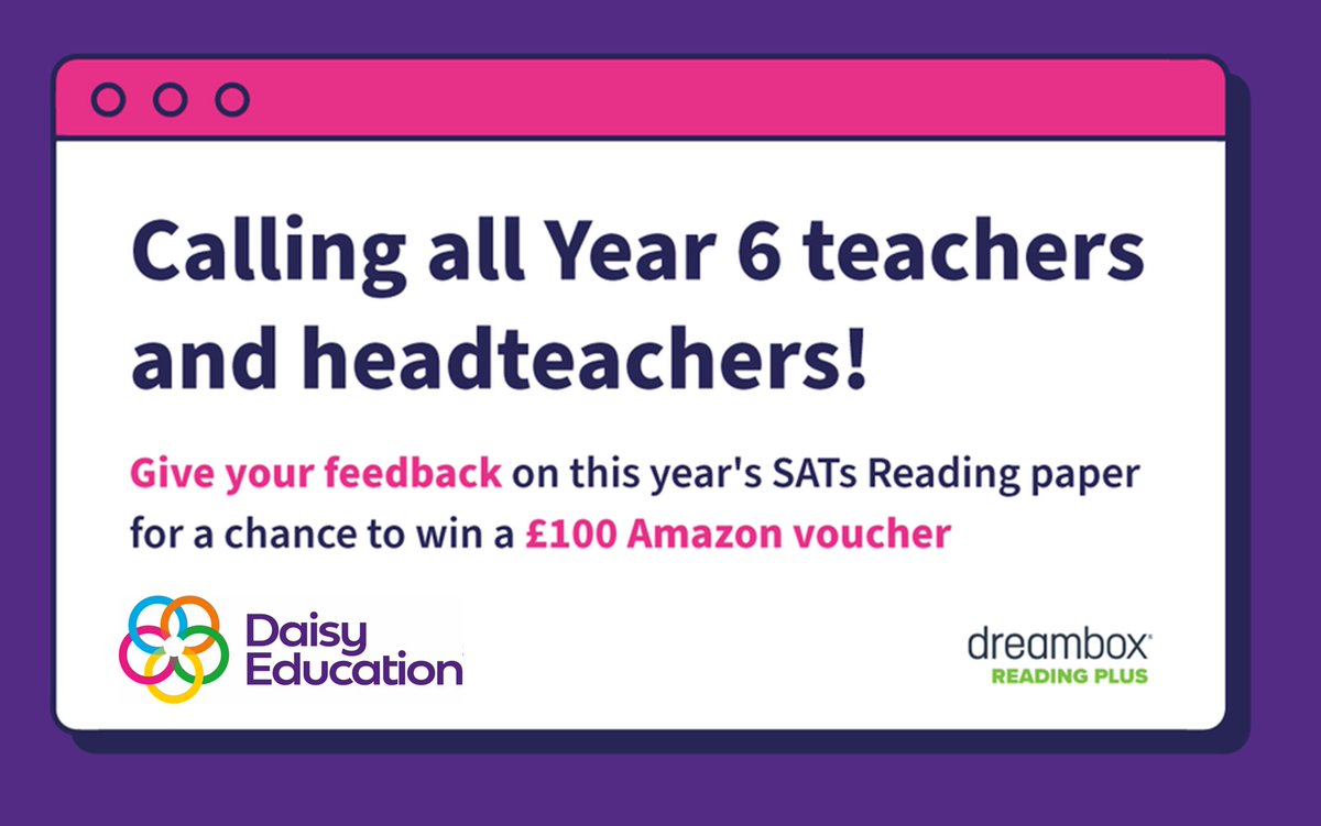 Reading Solutions UK (@readsolutionsuk) on Twitter photo π Calling all Year 6 teachers and headteachers! We want your feedback on this year's SATs Reading paper.
Help us understand how it compares to last year's by taking a few minutes to complete our survey: forms.office.com/e/neYDvQeXNh 
All respondents will be entered into a prize draw π Calling all Year 6 teachers and headteachers! We want your feedback on this year's SATs Reading paper.
Help us understand how it compares to last year's by taking a few minutes to complete our survey: forms.office.com/e/neYDvQeXNh 
All respondents will be entered into a prize draw