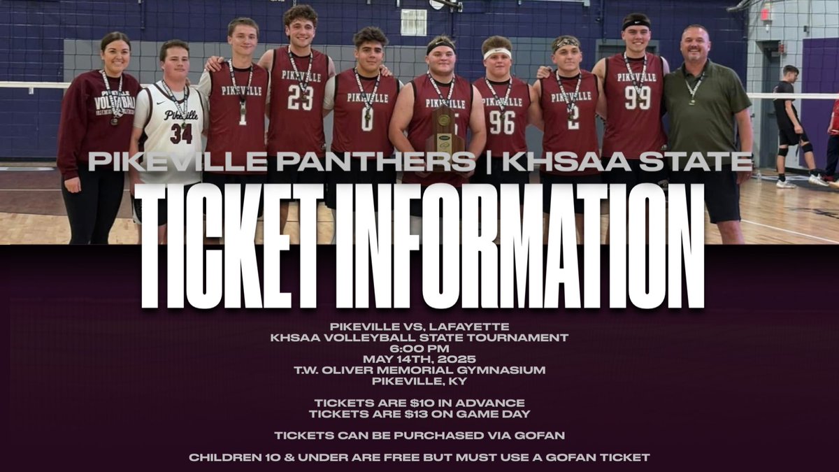 Pikeville Athletics (@pikevillesports) on Twitter photo ๐๐ค๐ก๐ก๐๐ฎ๐๐๐ก๐ก ๐๐ฃ ๐ฉ๐๐ โ๐๐๐ก๐ก๐ ๐๐๐๐ ๐๐ฉ๐จ ๐๏ธ
Tickets for the Opening Round of the 2025 KHSAA Volleyball State Tournament can be purchased via GoFan at the link below.
Advanced tickets are $10. Tickets purchased on Game Day are $13.
gofan.co/event/3601438?โฆ ๐๐ค๐ก๐ก๐๐ฎ๐๐๐ก๐ก ๐๐ฃ ๐ฉ๐๐ โ๐๐๐ก๐ก๐ ๐๐๐๐ ๐๐ฉ๐จ ๐๏ธ
Tickets for the Opening Round of the 2025 KHSAA Volleyball State Tournament can be purchased via GoFan at the link below.
Advanced tickets are $10. Tickets purchased on Game Day are $13.
gofan.co/event/3601438?โฆ