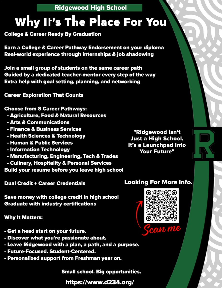 Ridgewood High is your launchpad to the future! Explore 8 career pathways, earn college credit, gain real-world experience &amp; graduate with a plan. Small school. Big opportunities. Learn more: [d234.org](d234.org) #CareerReady #RidgewoodHS
