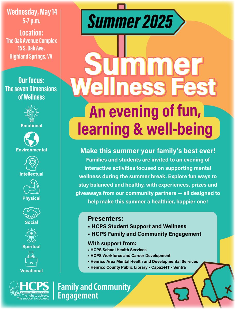Henrico Schools (@henricoschools) on Twitter photo Make this summer your family’s best ever! All are invited to Summer Wellness Fest on Wednesday, May 14, from 5-7 p.m. at the Oak Avenue Complex for an evening of activities focused on supporting mental wellness during the summer! 😎
<a href="/HCPSFamily/">Henrico Schools Family and Community Engagement</a>
#MentalHealthAwarenessMonth Make this summer your family’s best ever! All are invited to Summer Wellness Fest on Wednesday, May 14, from 5-7 p.m. at the Oak Avenue Complex for an evening of activities focused on supporting mental wellness during the summer! 😎
<a href="/HCPSFamily/">Henrico Schools Family and Community Engagement</a>
#MentalHealthAwarenessMonth