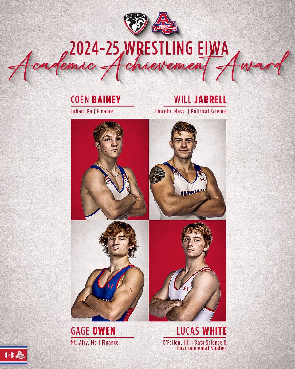 Congratulations to these four on taking home EIWA Academic Achievement Awards! 👏📚

Coen Bainey and Gage Owen earned their first, while Will Jarrell and Lucas White earned their third.