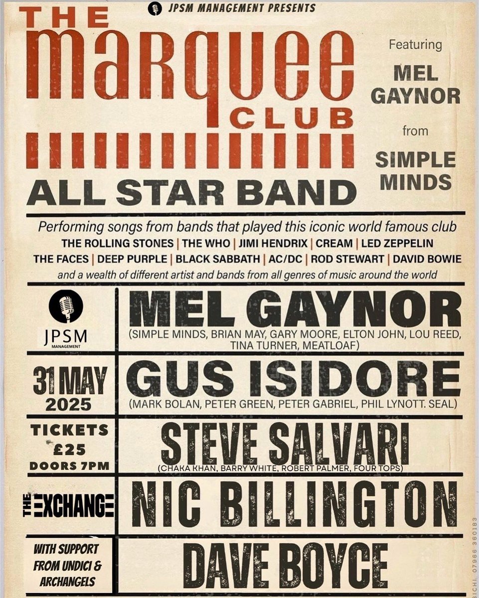 Mel Gaynor - Marquee Records (@melgaynor_) on Twitter photo ⚠️THE EXCHANGE, TWICKENHAM, LONDON!⚠️
The Marquee Club: All Star Band live at <a href="/ExchangeTwick/">Exchange Twickenham</a> #Twickenham #London #UK on Saturday 31st May 2025!
Plus support from the amazing Archangels and Undici!
TICKETS: exchangetwickenham.co.uk/show/marquee-n…
#MelGaynor #TheMarquee #TheMarqueeClub #Music ⚠️THE EXCHANGE, TWICKENHAM, LONDON!⚠️
The Marquee Club: All Star Band live at <a href="/ExchangeTwick/">Exchange Twickenham</a> #Twickenham #London #UK on Saturday 31st May 2025!
Plus support from the amazing Archangels and Undici!
TICKETS: exchangetwickenham.co.uk/show/marquee-n…
#MelGaynor #TheMarquee #TheMarqueeClub #Music