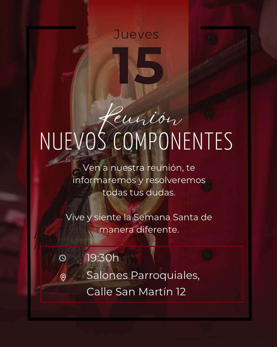 REUNIÓN NUEVOS COMPONENTES 

El jueves a las 19:30h en los salones parroquiales realizaremos la reunión con los nuevos componentes. 
Te informaremos y resolveremos todas tus dudas. 

📍Calle San Martín 12 

Apúntate a la banda