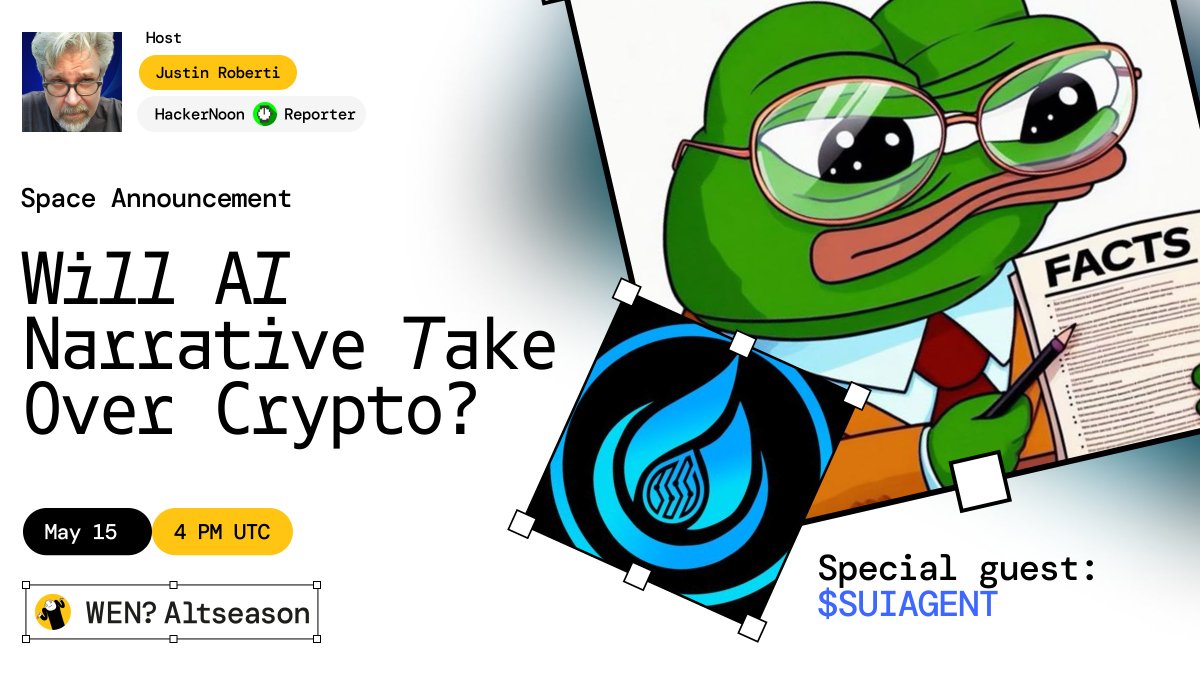 Wen ALTseason? (@wenaltseason) on Twitter photo 🚨SPACE ALERT🚨
Will AI narrative take over crypto?
AI agents are crawling onto the blockchain. Will they flip meme coins, outperform traders, or just shill themselves to death?
🎙️ Co-hosted with the GOAT <a href="/suidefai/">aiSUI ($SUIAGENT)</a>
🗓️ May 15 | 4 PM UTC | 12 PM EDT 🚨SPACE ALERT🚨
Will AI narrative take over crypto?
AI agents are crawling onto the blockchain. Will they flip meme coins, outperform traders, or just shill themselves to death?
🎙️ Co-hosted with the GOAT <a href="/suidefai/">aiSUI ($SUIAGENT)</a>
🗓️ May 15 | 4 PM UTC | 12 PM EDT