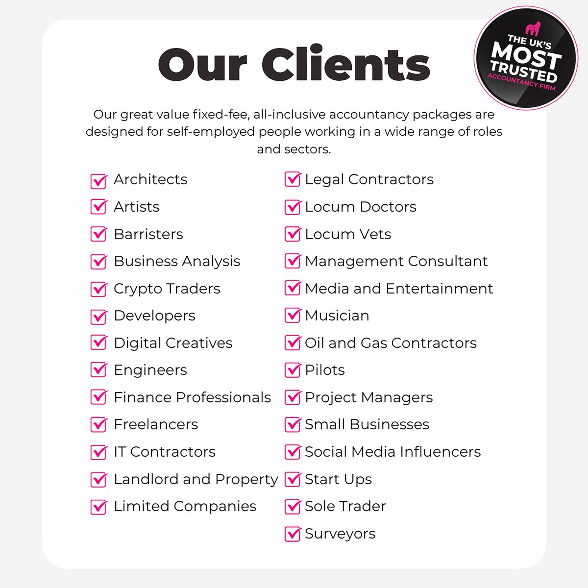 Whether you operate through a limited company or as a sole trader, we have a bespoke accountancy package for you. See below for more information on some of the sectors that we work with.

Click the link below to find out more! ✨

gorillaaccounting.com/sectors/