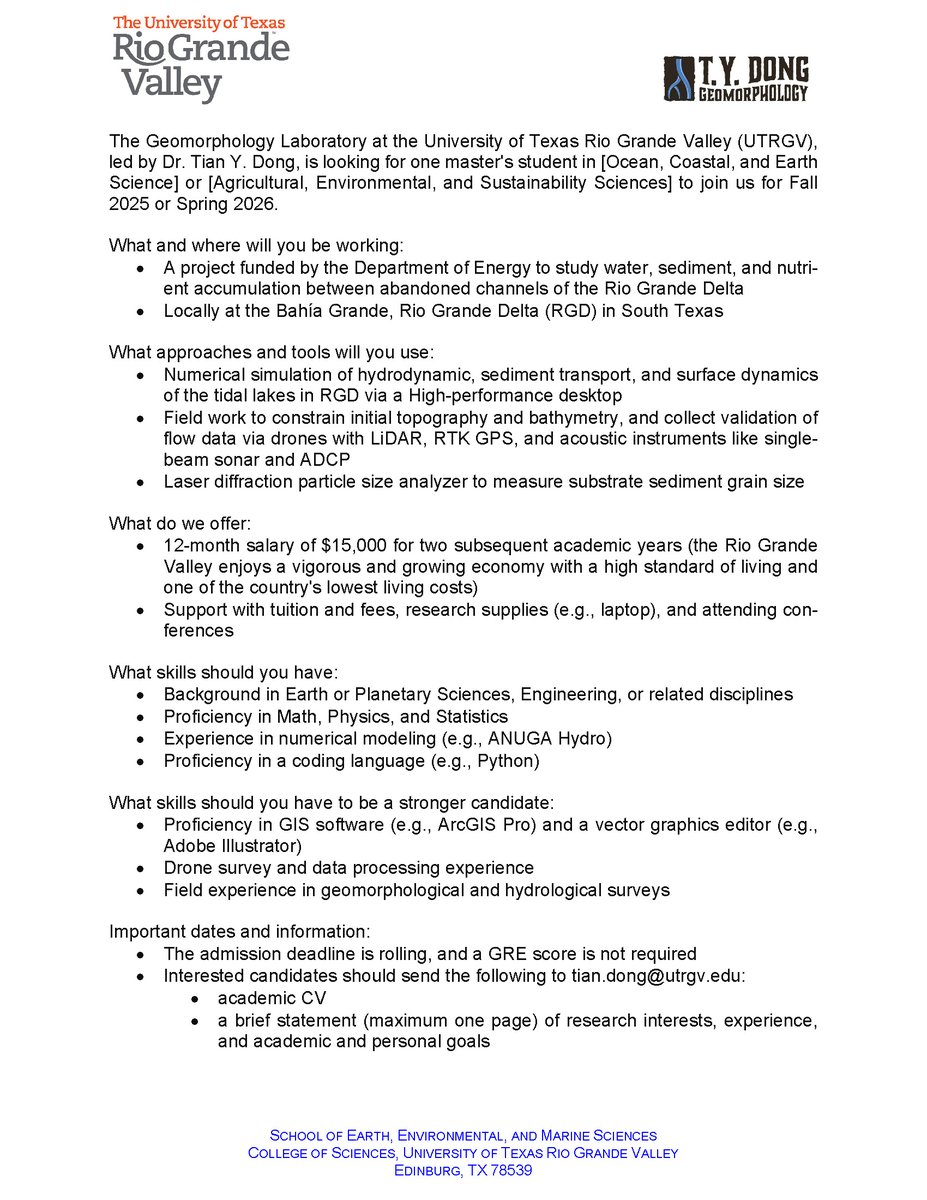 I am looking for a master’s Student to do numerical modeling of hydrodynamic and sediment transport in the Rio Grande Delta tidal lakes. Please circulate and RT. The start date is flexible between Fall 2025 and Spring 2026.